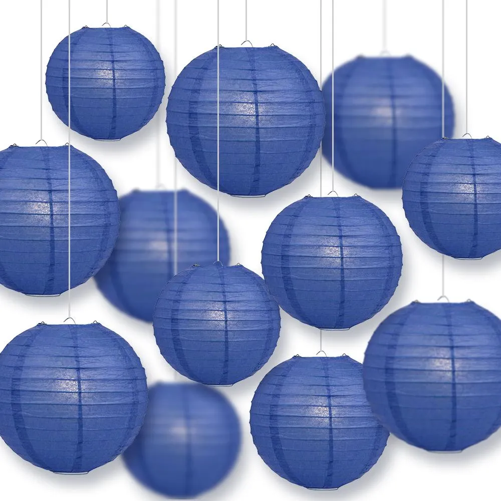 12-PC Dark Blue Paper Lantern Chinese Hanging Wedding & Party Assorted Decoration Set, 12/10/8-Inch