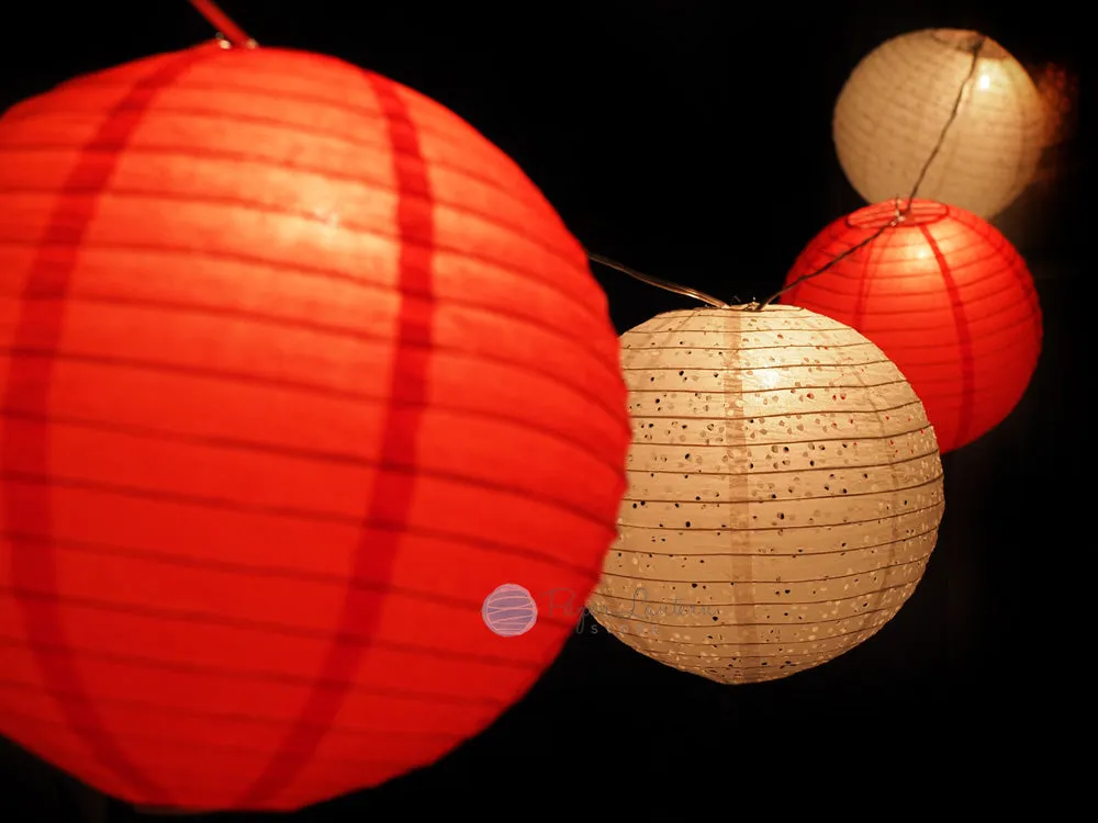 12" Valentine's Day Red / White Lace Paper Lantern String Light COMBO Kit (21 FT, EXPANDABLE, White Cord)