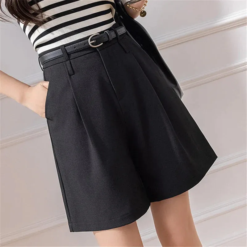 2024 New Women's Half Pants Summer Vintage High Waist Solid Pockets Straight Wide Legs Suit Shorts