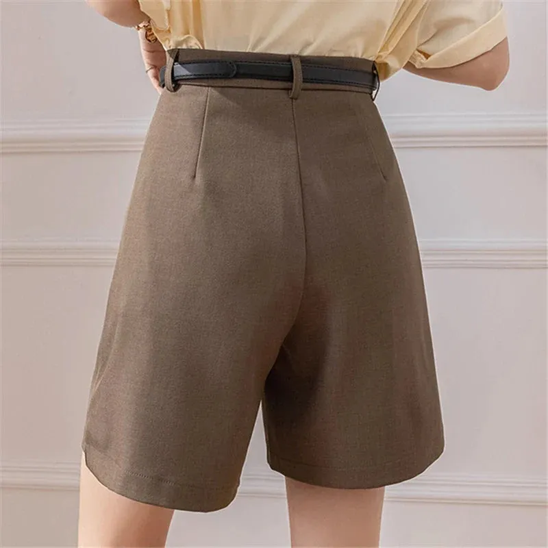 2024 New Women's Half Pants Summer Vintage High Waist Solid Pockets Straight Wide Legs Suit Shorts