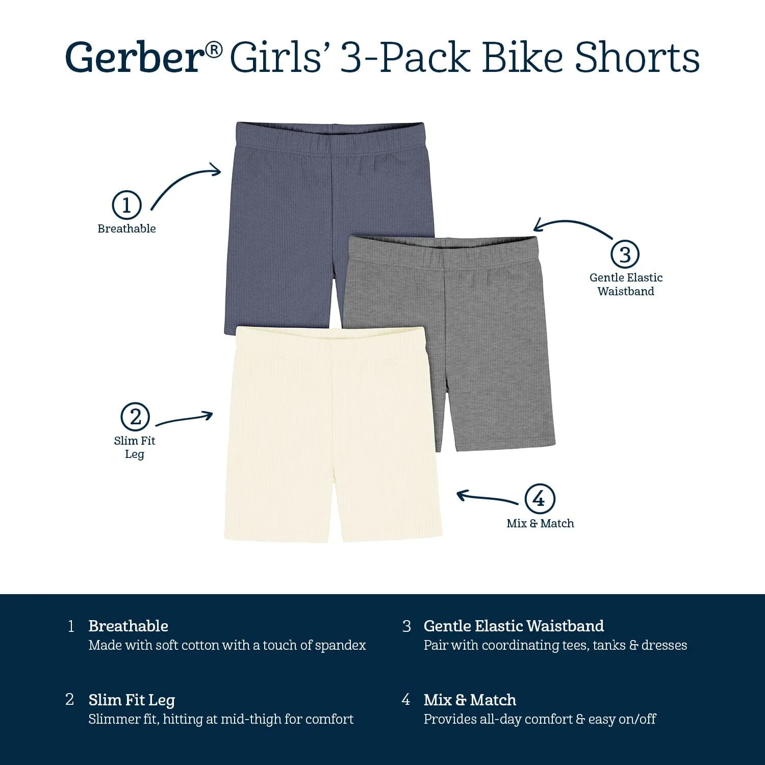 3-Pack Toddler Girls Navy, Dark Gray Heather, & Ivory Bike Shorts