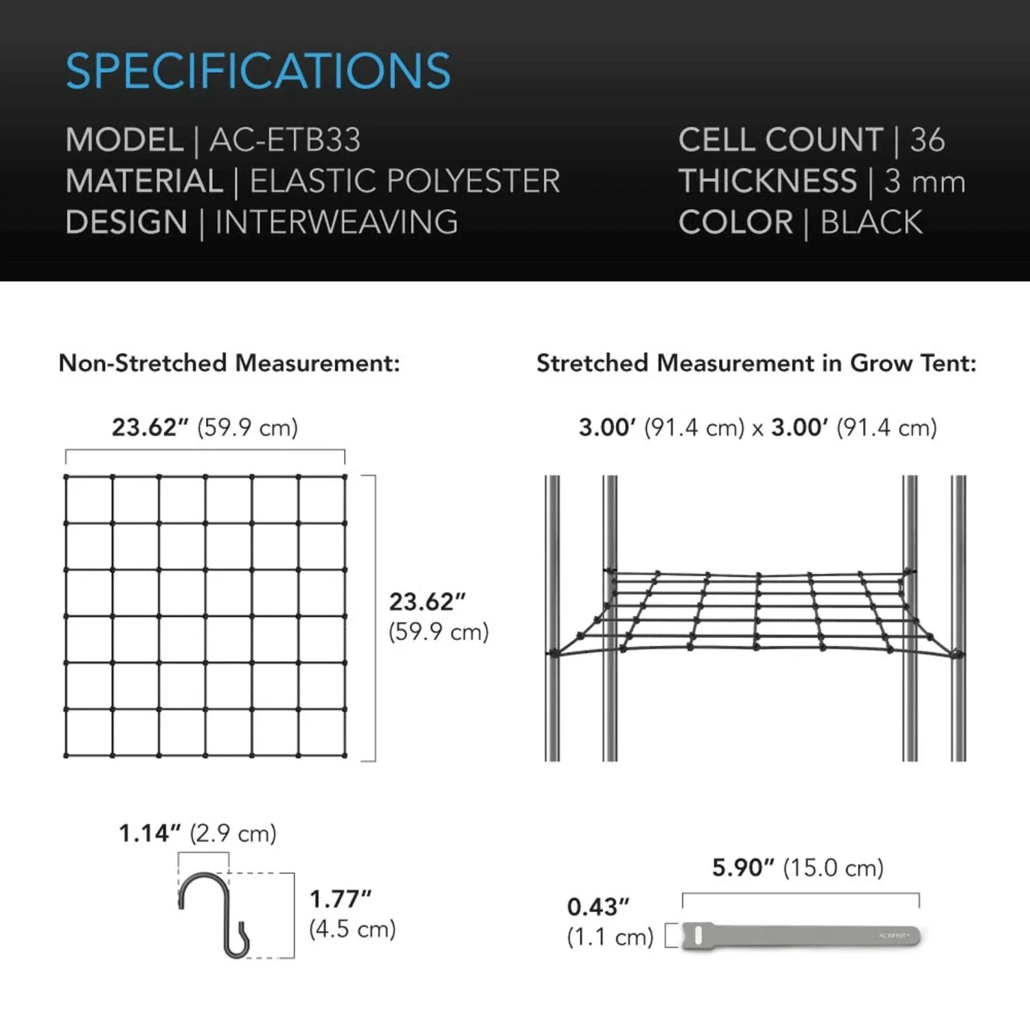 AC Infinity Grow Tent Trellis Netting, Flexible Elastic Cords, 3x3'