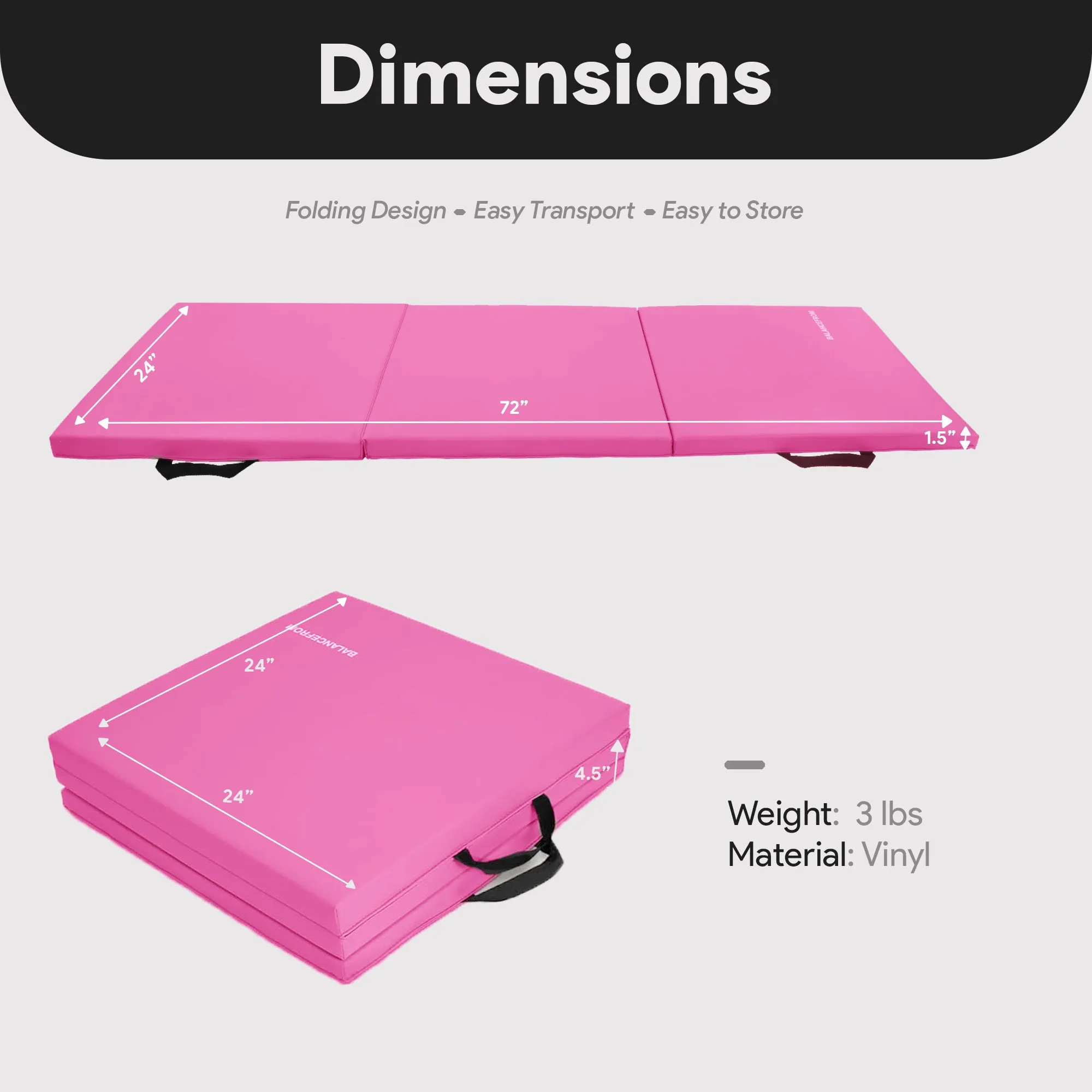 BalanceFrom Fitness GoGym 6'x2'x1.5" Folding 3 Panel Exercise Mat, Pink (Used)