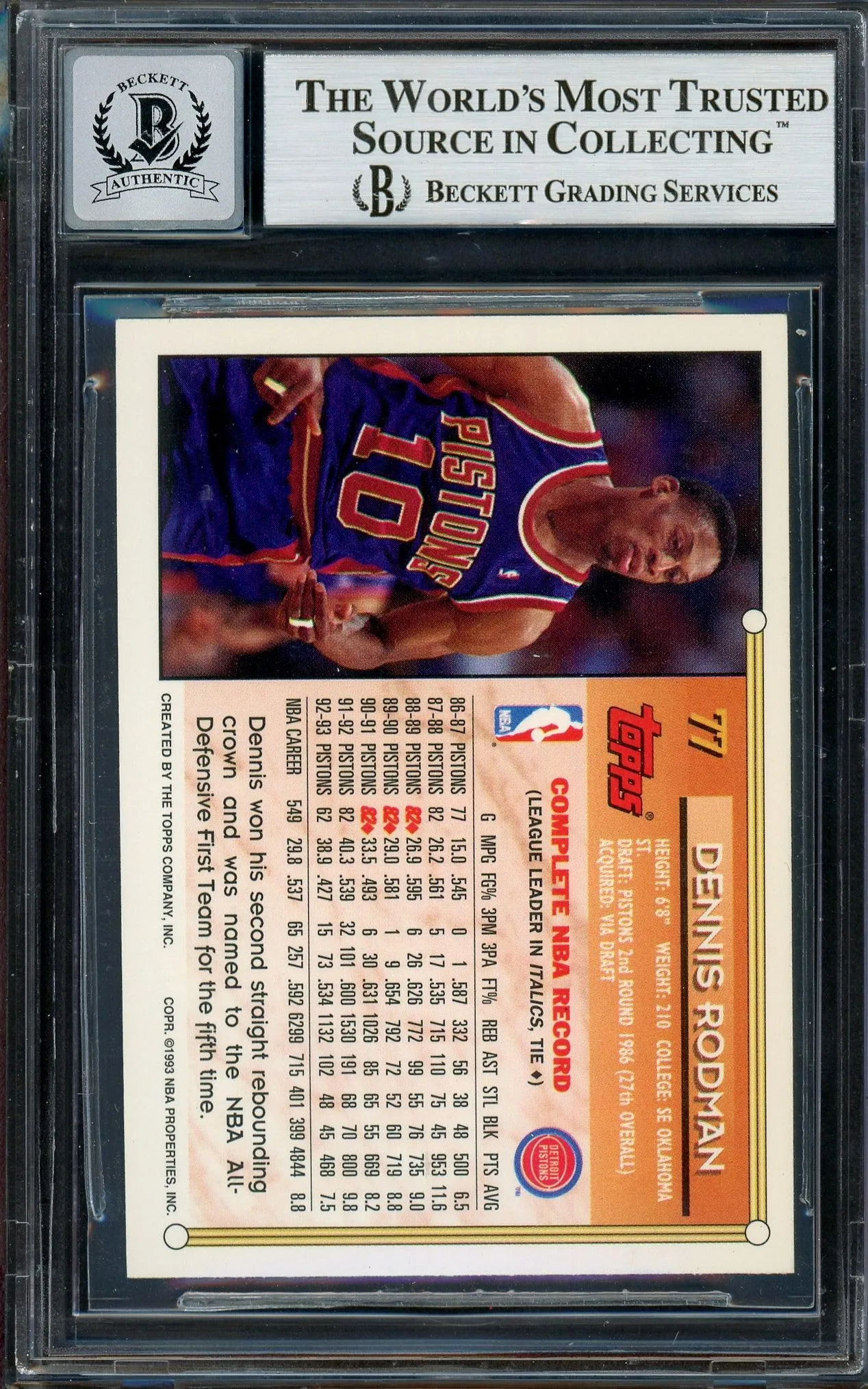 Dennis Rodman Autographed 1993-94 Topps Card #77 Detroit Pistons Auto Grade Gem Mint 10 Beckett BAS #13018178