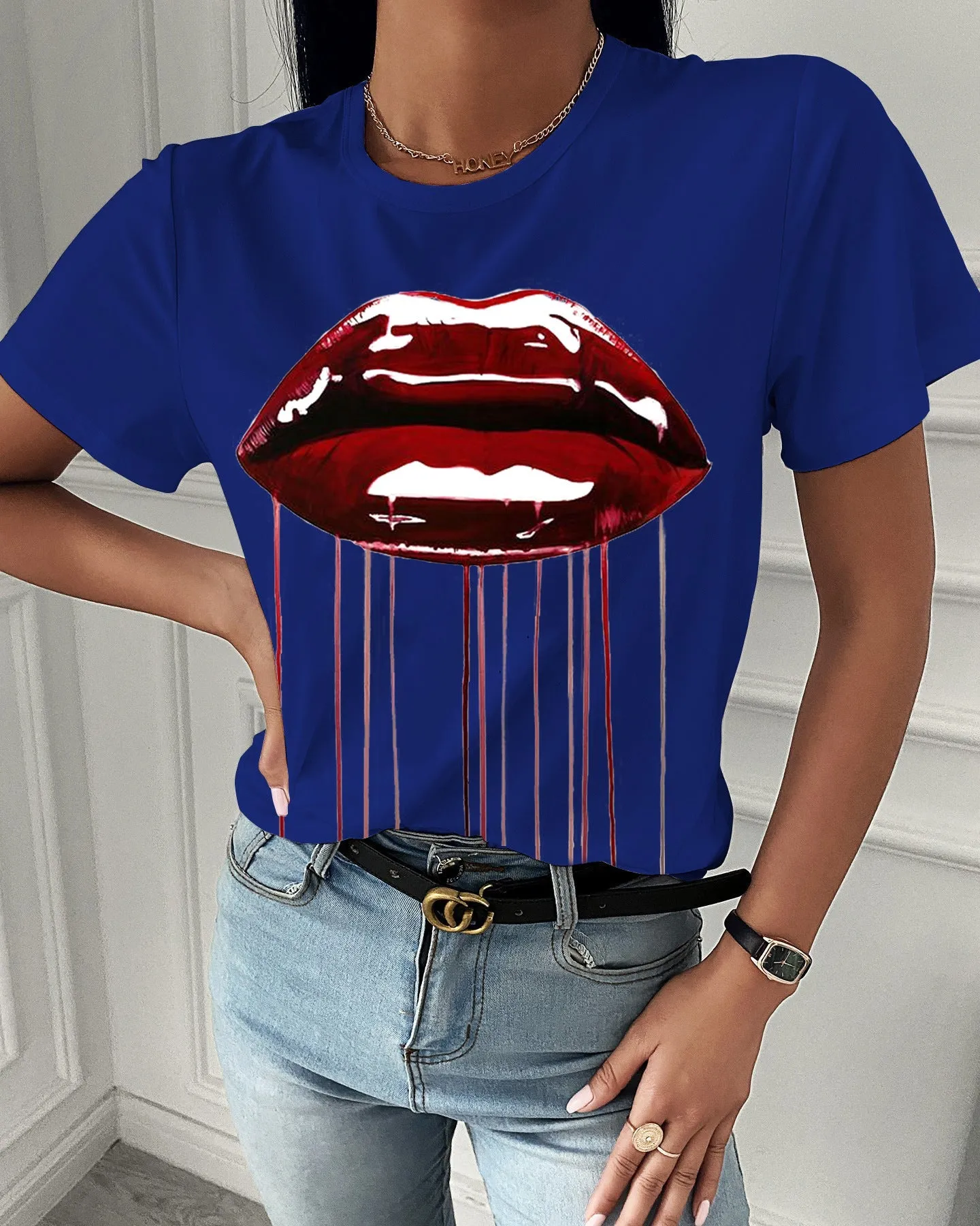 Fashion  spring and summer red lip printing short-sleeved T-shirt