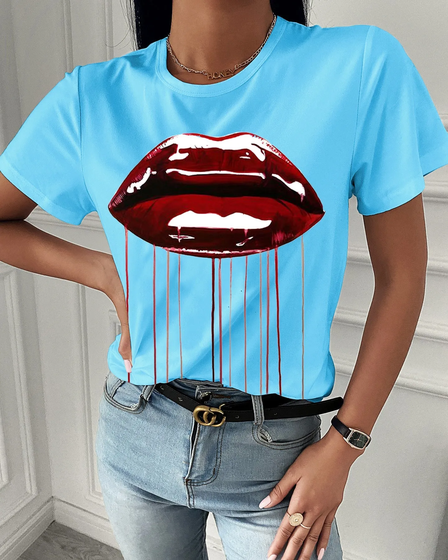 Fashion  spring and summer red lip printing short-sleeved T-shirt