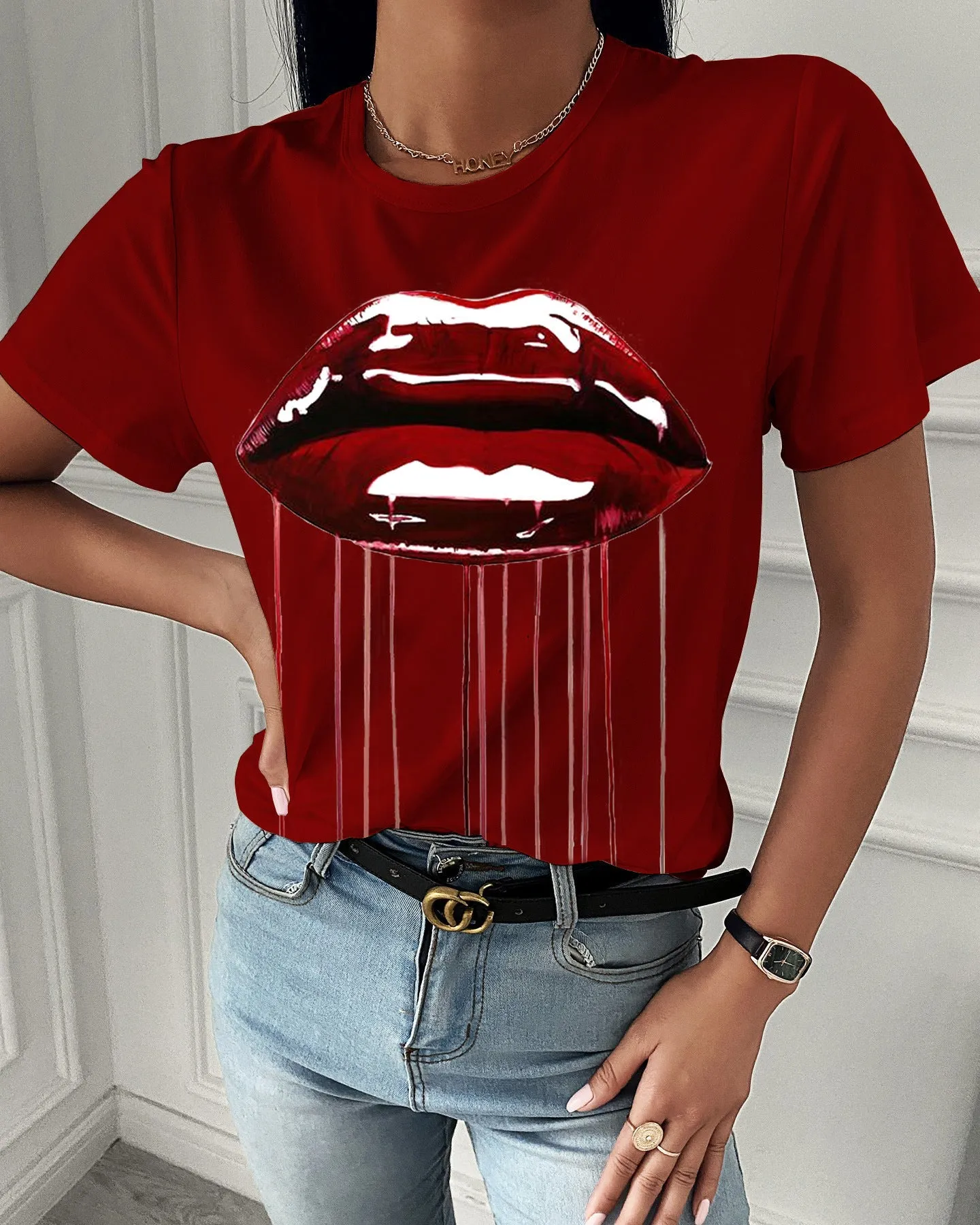 Fashion  spring and summer red lip printing short-sleeved T-shirt