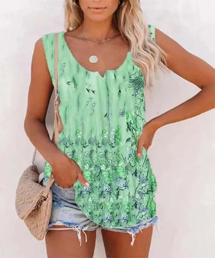 Floral Sleeveless Printed Cotton-blend Crew Neck Holiday Summer Top