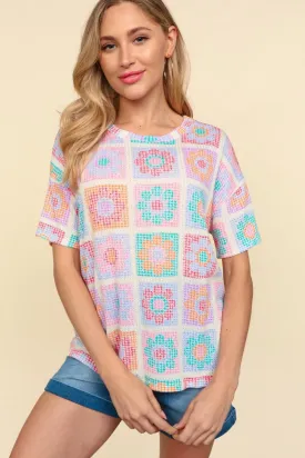 Flower Print Round Neck Short Sleeve T-Shirt