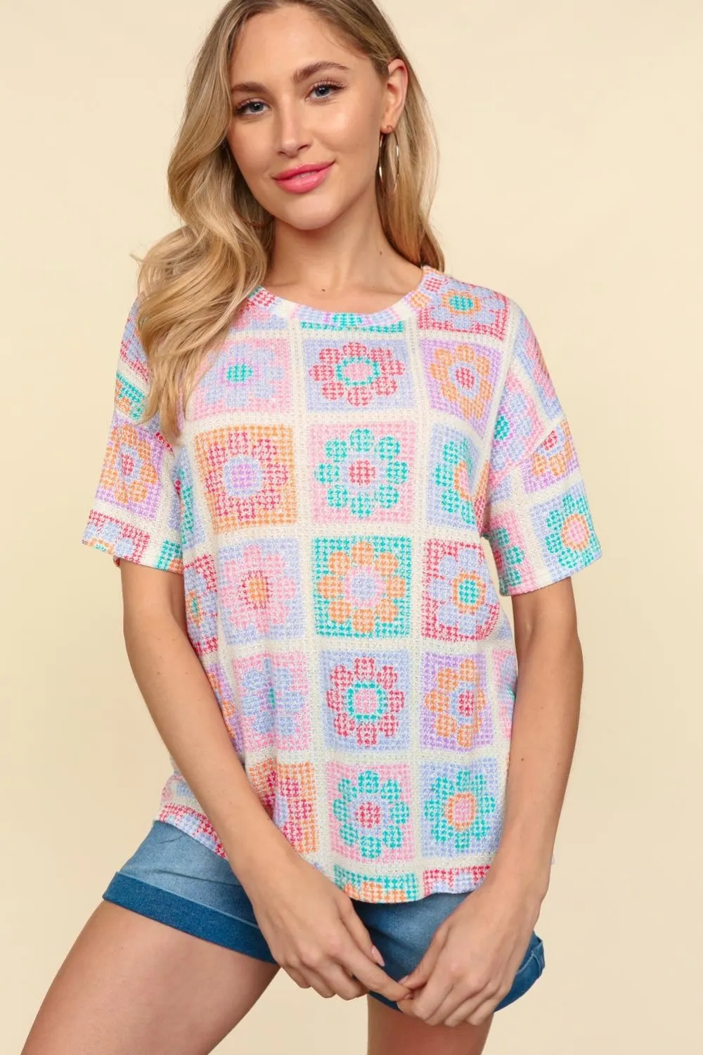 Flower Print Round Neck Short Sleeve T-Shirt