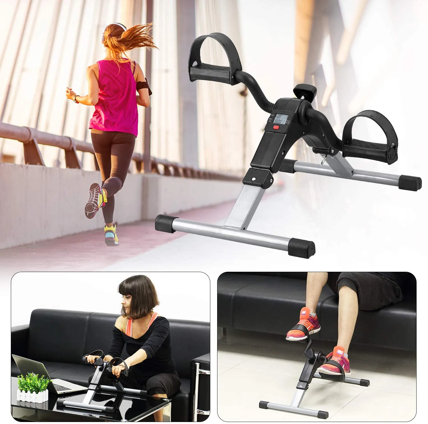 Folding Pedal Exerciser, Mini Arm Leg Under Desk Exercise Bike Foot Hand Cycle Portable Stationary Peddler Machine Bicycle Exerciser for Elderly Men Women