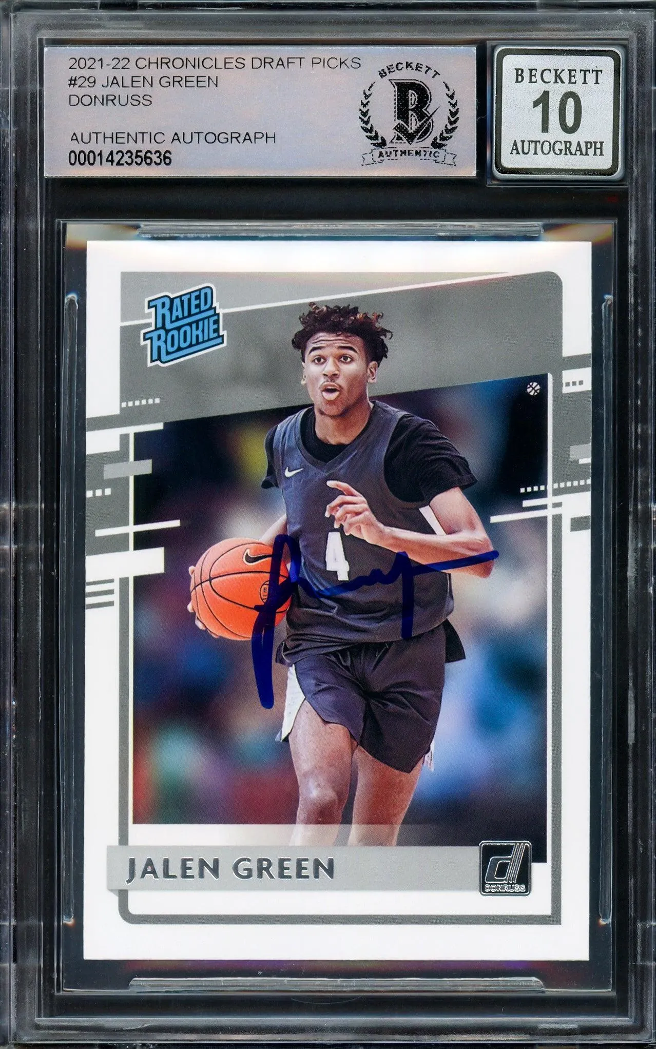 Jalen Green Autographed 2021-22 Donruss Rated Rookie Card #29 Houston Rockets Auto Grade Gem Mint 10 Beckett BAS Stock #205943