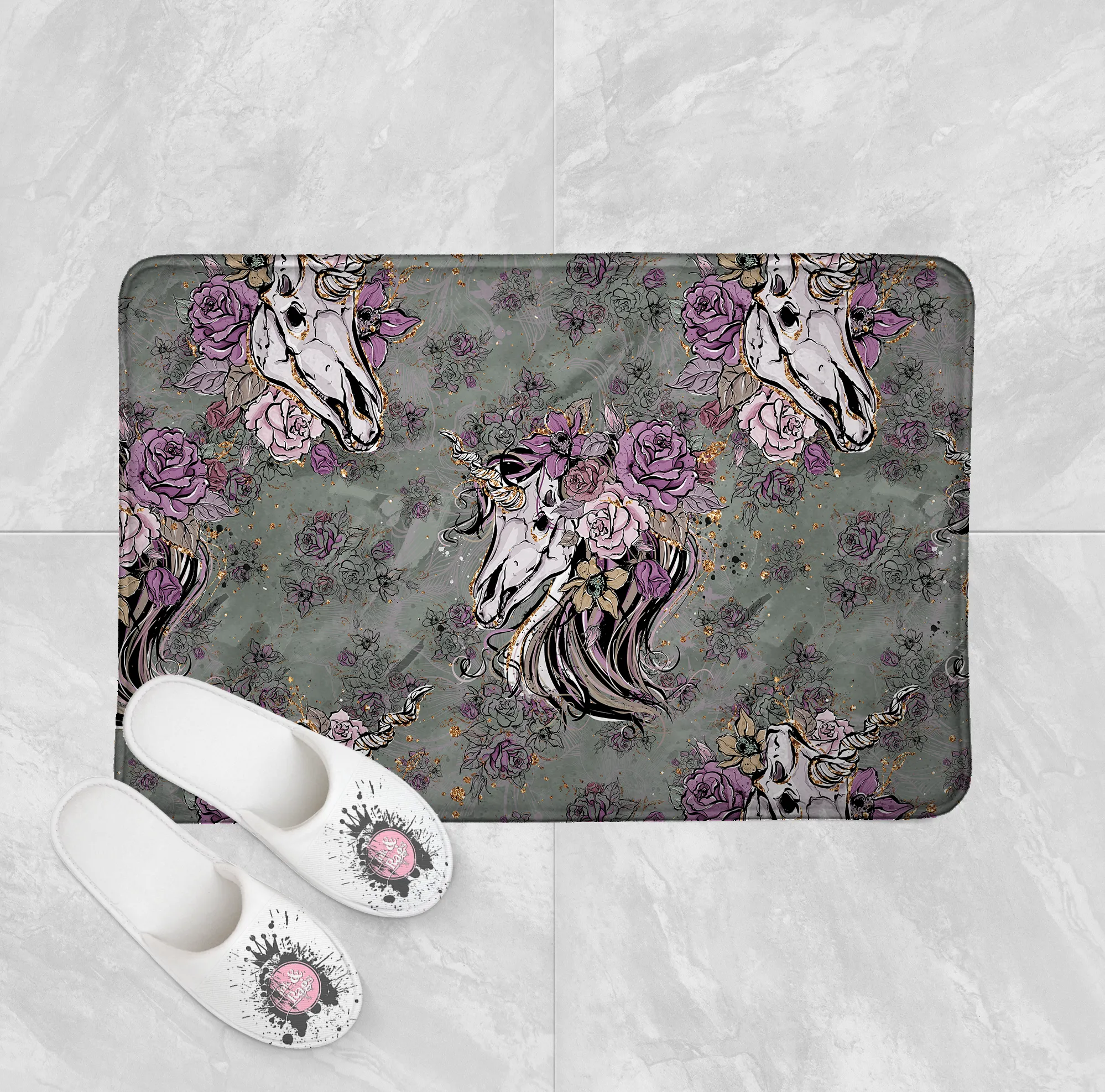 Lavender and Sage Unicorn Skull Shower Curtains and Optional Bath Mats