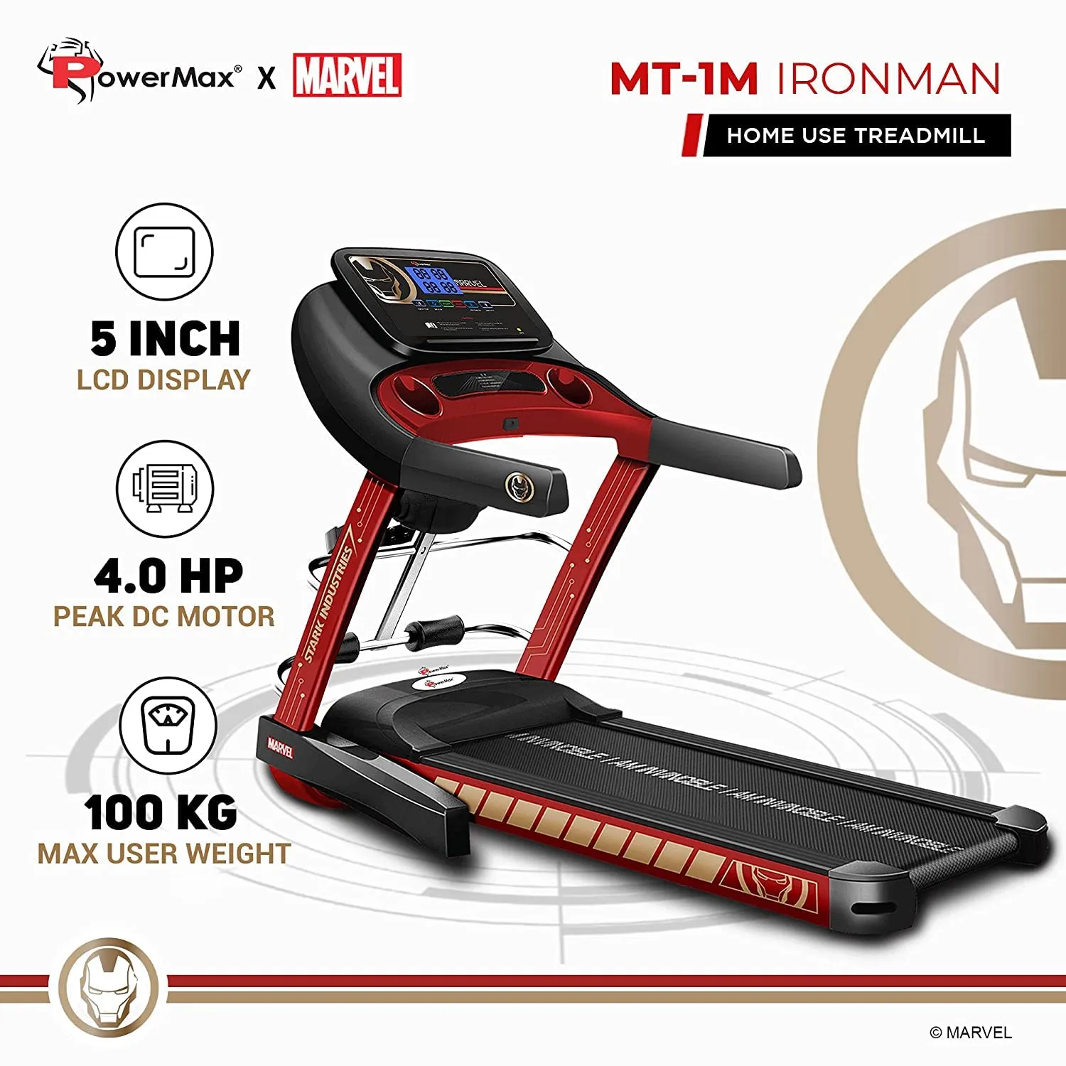 Marvel MT-1M Iron Man Edition 4HP Peak Smart Folding Electric Treadmill With Manual Incline | MP3 | Speaker | Exercise Machine - Red