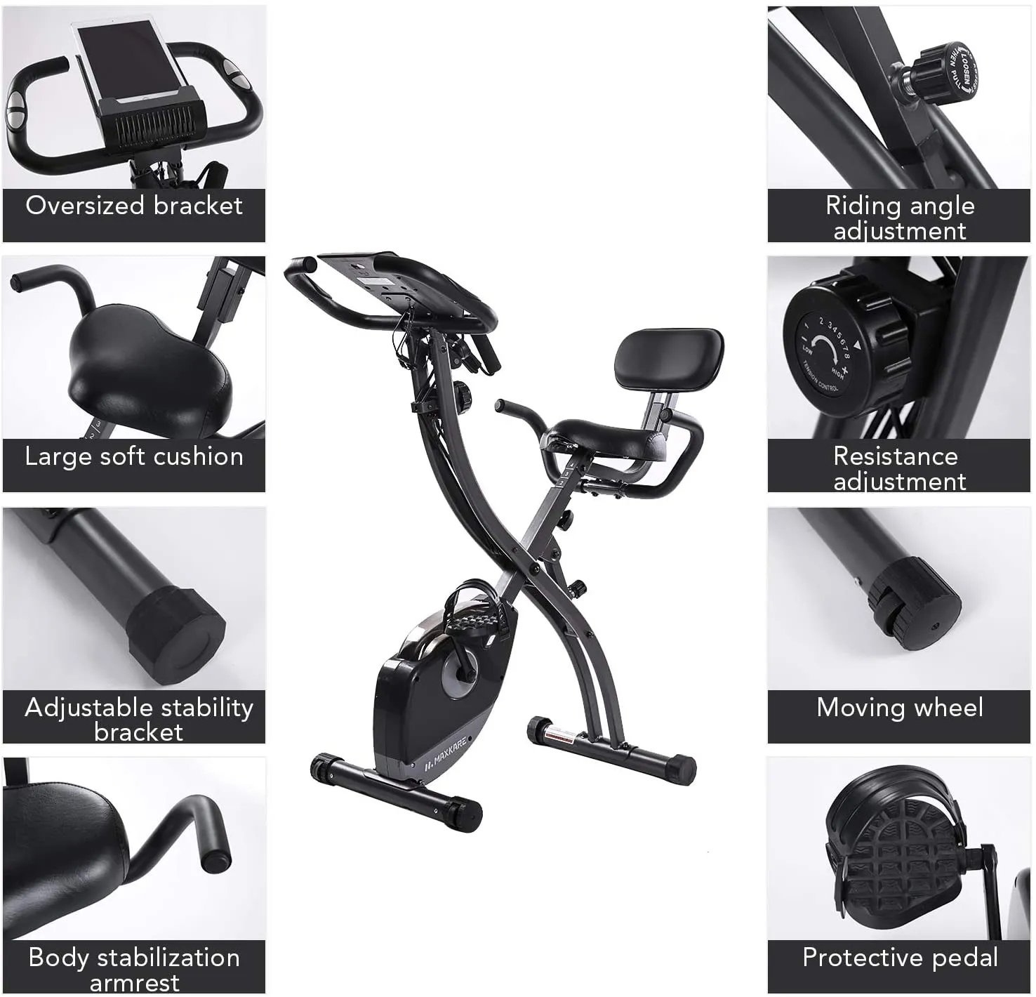 MaxKare Folding Magnetic Upright Exercise Bike w/Pulse Sensor/LCD Monitor Indoor Cycling Bike Stationary Bike Recumbent Exercise Bike with Arm Resistance Bands, Perfect for Home Use