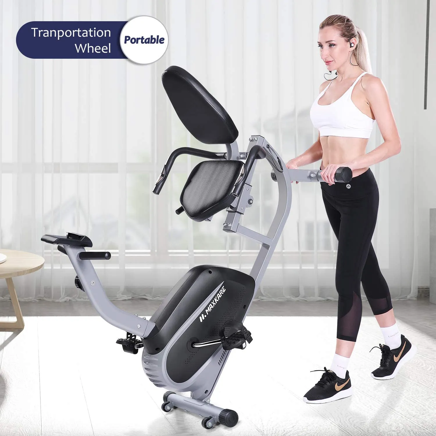 MaxKare Recumbent Exercise Bike Indoor Cycling Stationary Bike with Adjustable Seat and Resistance, Pulse Monitor/Phone Holder (Seat Height Adjustment by Lever)