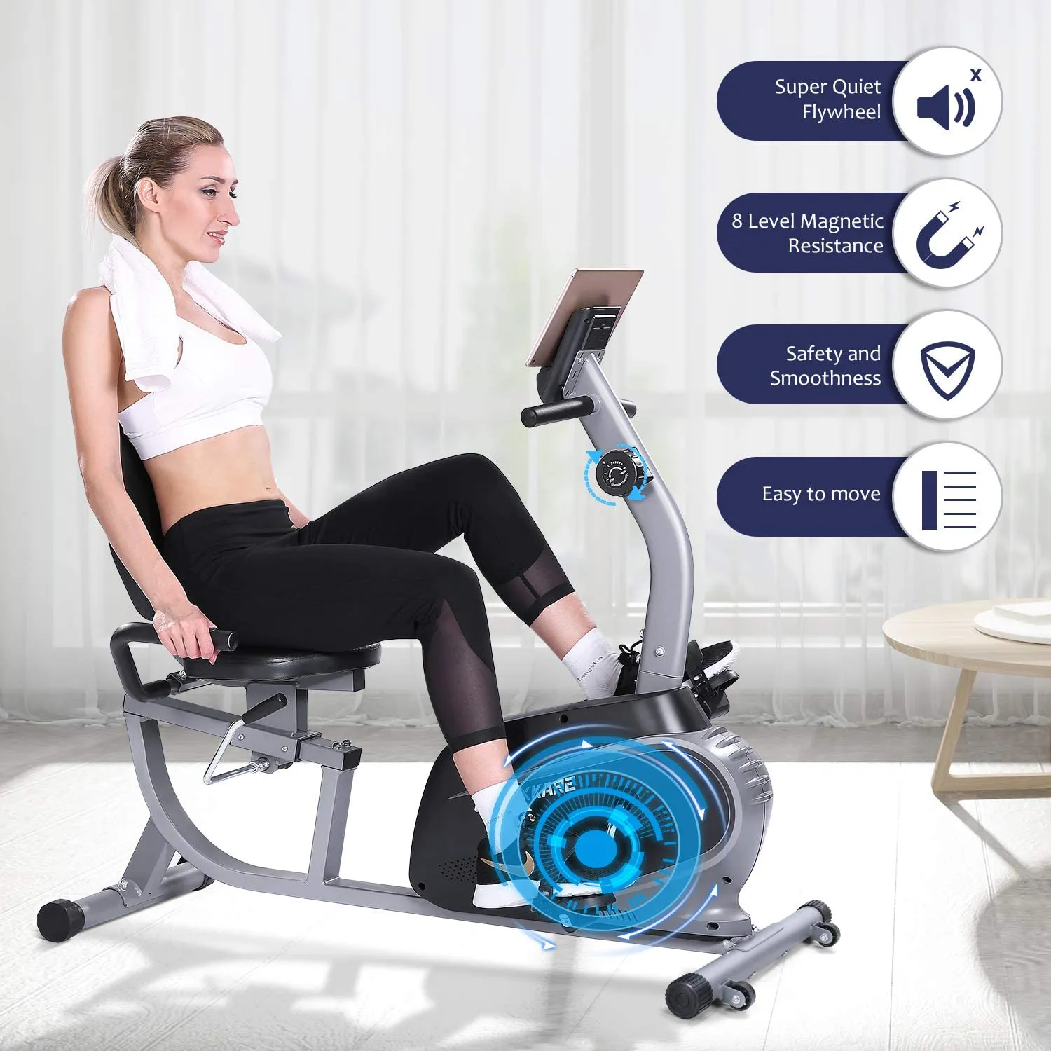 MaxKare Recumbent Exercise Bike Indoor Cycling Stationary Bike with Adjustable Seat and Resistance, Pulse Monitor/Phone Holder (Seat Height Adjustment by Lever)