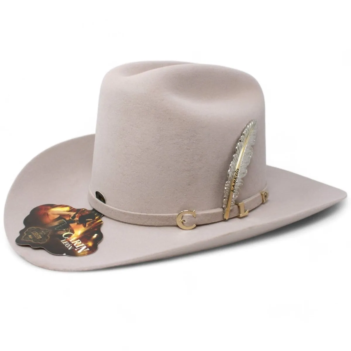 Official Carin Leon Cowboy Felt Hat with Silver Feather Beige