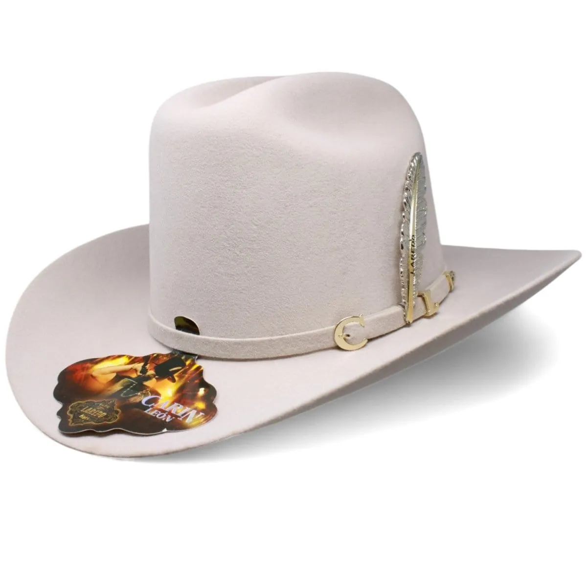 Official Carin Leon Cowboy Felt Hat with Silver Feather Beige