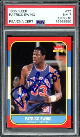 Patrick Ewing Autographed 1986-87 Fleer Rookie Card #32 New York Knicks PSA 7 Auto Grade Gem Mint 10 PSA/DNA #76568890