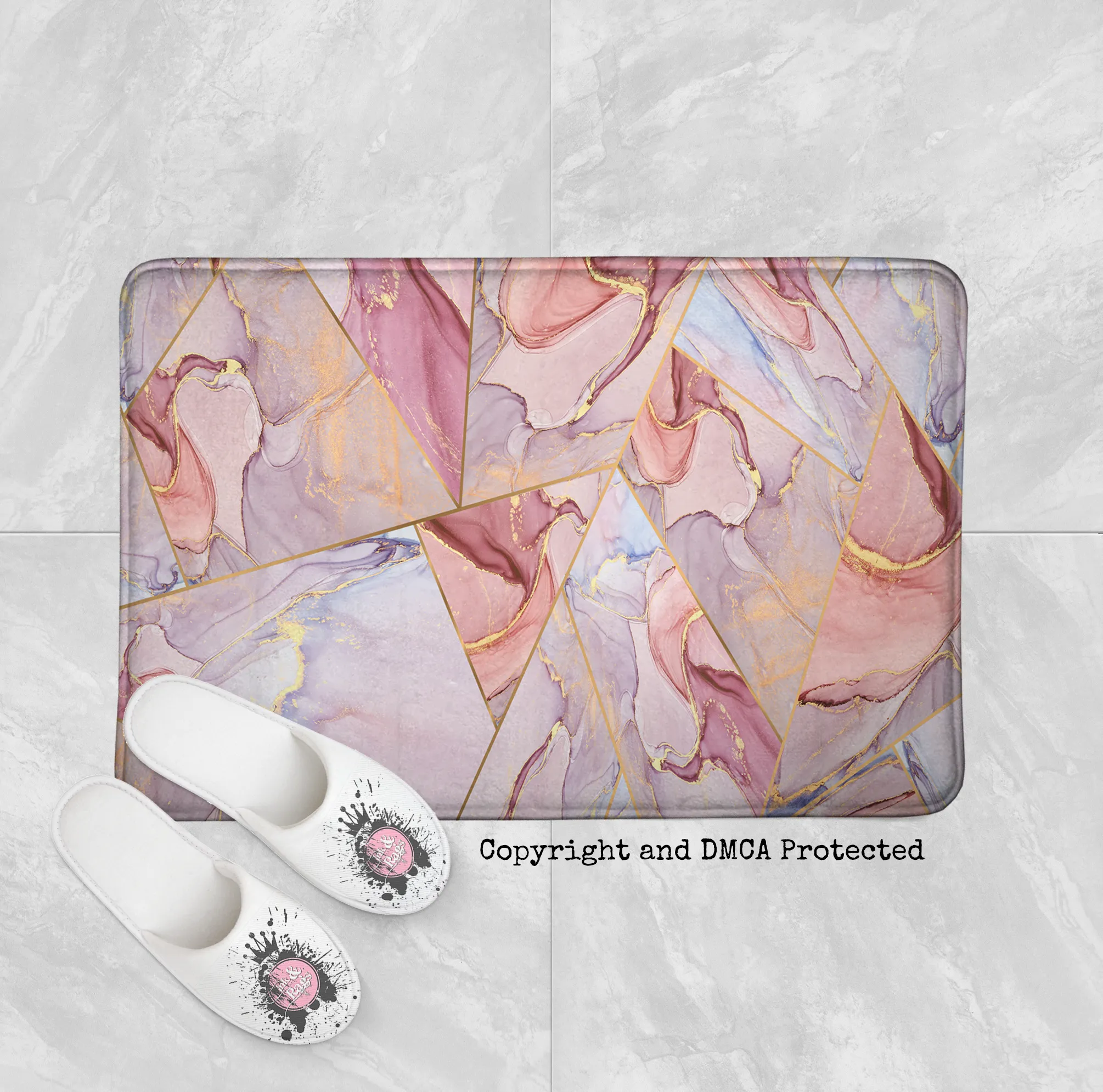 Pink Gold Geometric Stained Glass Shower Curtains and Optional Bath Mats