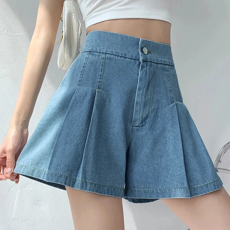 Plus Size Summer Denim High Waist Pleated Mini Shorts