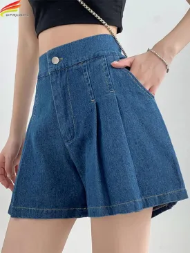 Plus Size Summer Denim High Waist Pleated Mini Shorts