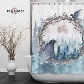 Poe Inspired Watercolor Forest Moon Raven Shower Curtains and Optional Bath Mats