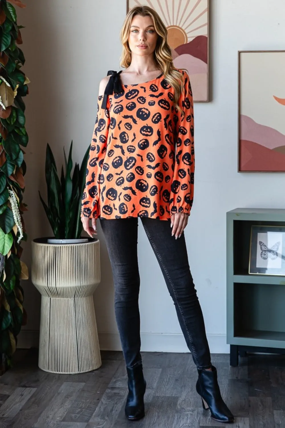 Pumpkin Print One Shoulder T-Shirt