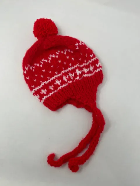 Red and White Acrylic Earflap Hat with Pom Pom