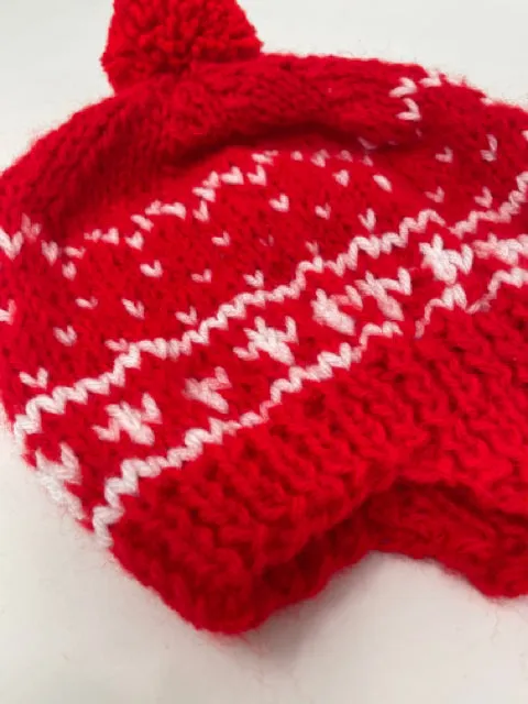 Red and White Acrylic Earflap Hat with Pom Pom