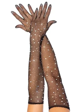 Ring Rhinestone Fishnet Gloves - O/S (Black)