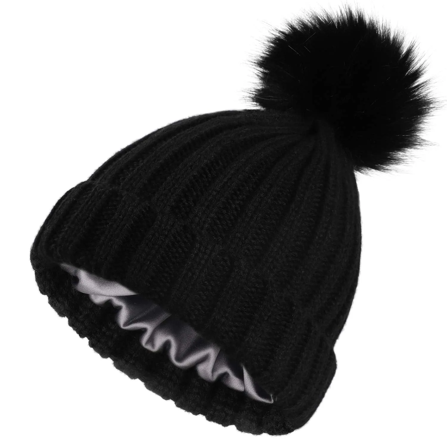 Satin Lined Pom Beanie Hats