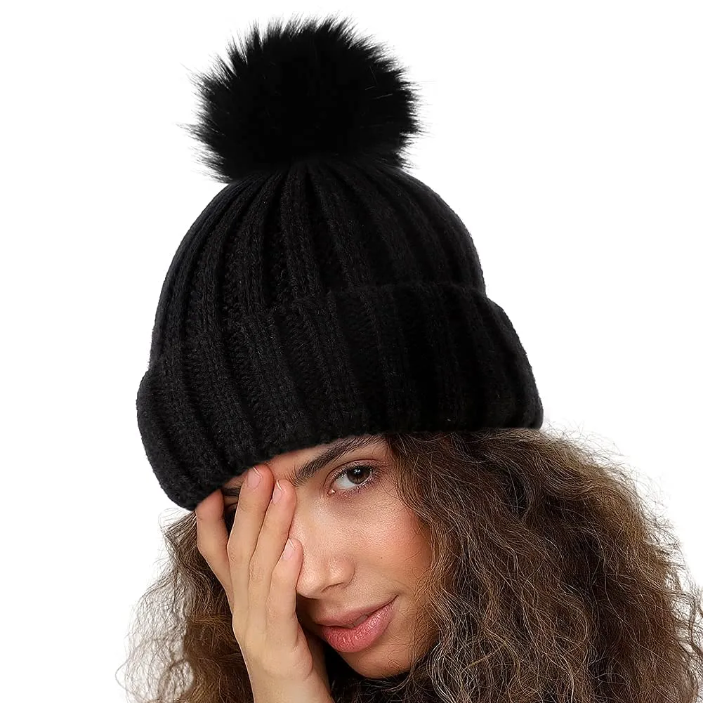 Satin Lined Pom Beanie Hats