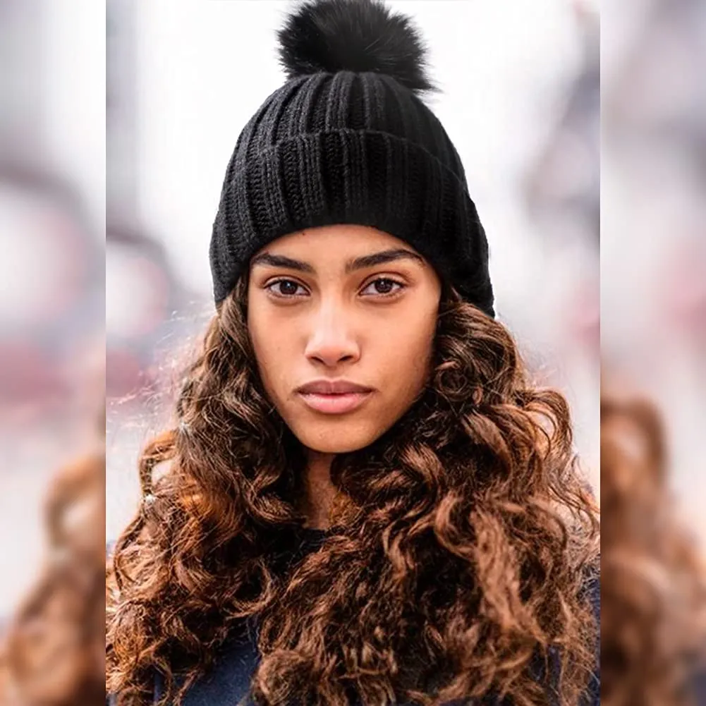 Satin Lined Pom Beanie Hats