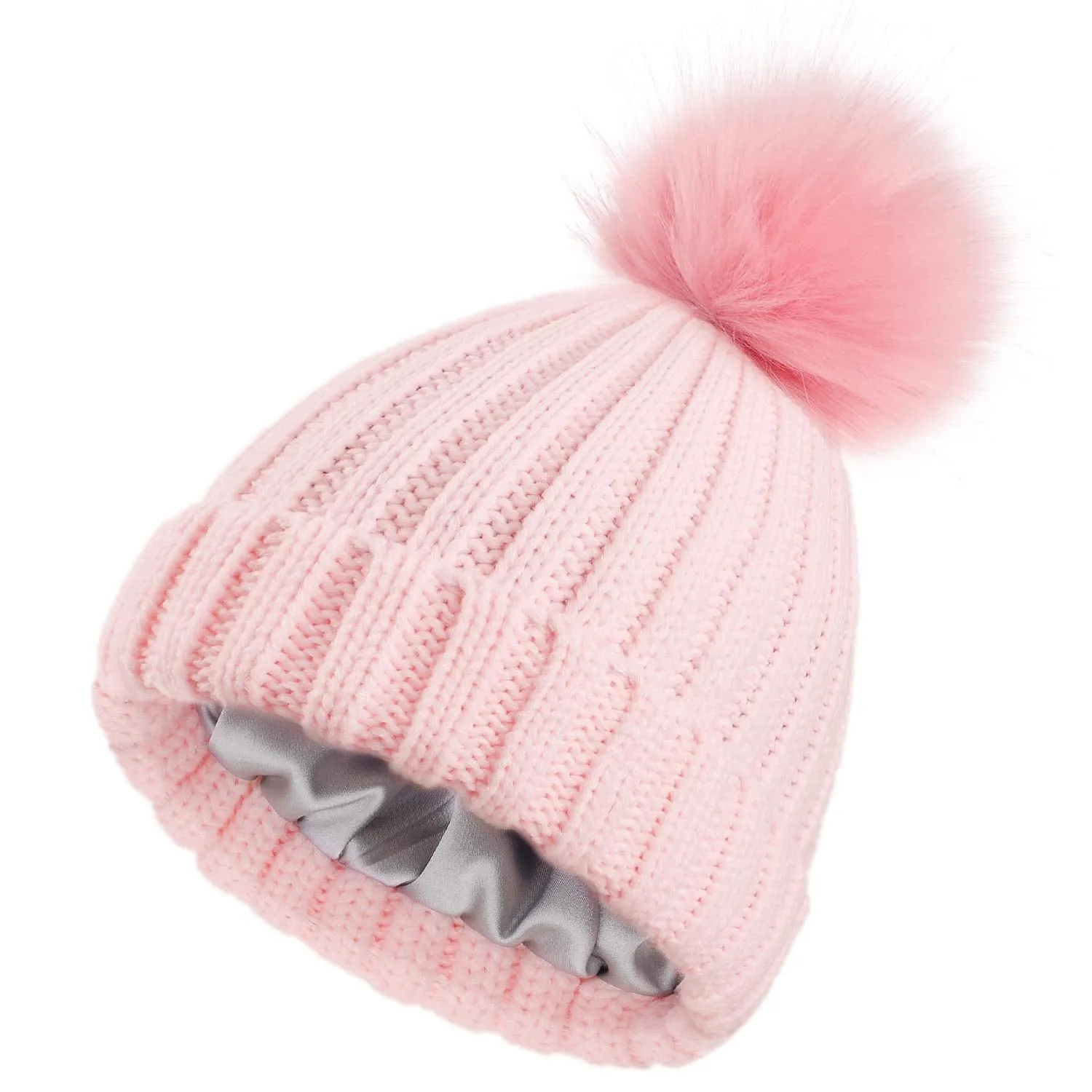 Satin Lined Pom Beanie Hats