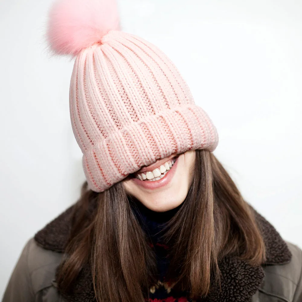 Satin Lined Pom Beanie Hats