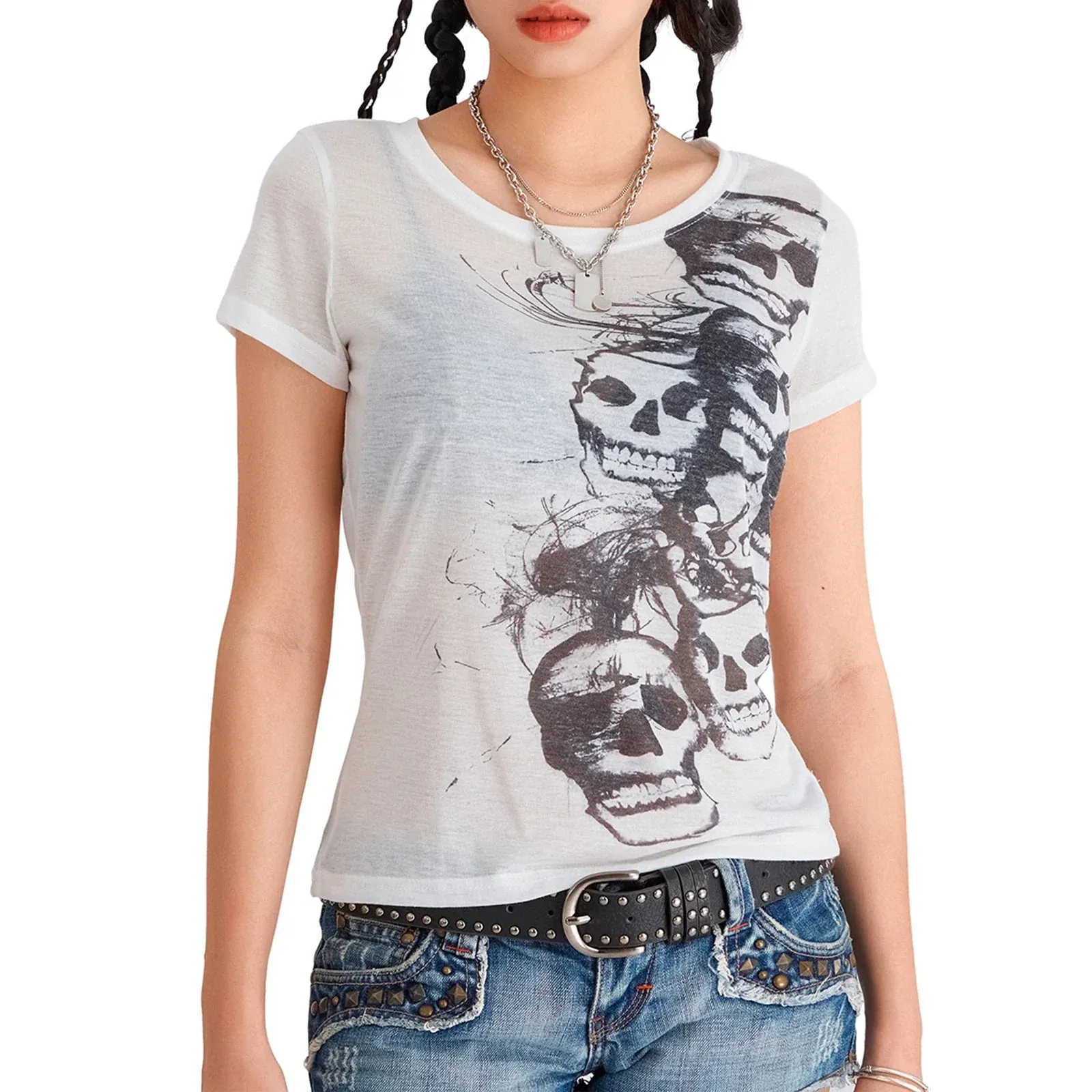 Skull Print Summer Casual Short Sleeve Crop Aesthetic Grunge Clothes Streetwear Vintage T-shirt