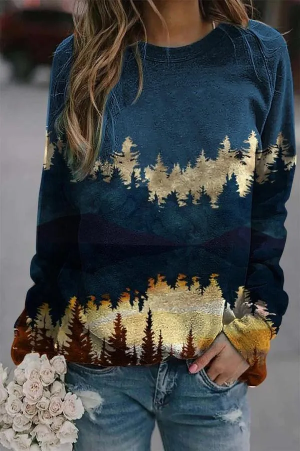 Street style retro print crew neck top