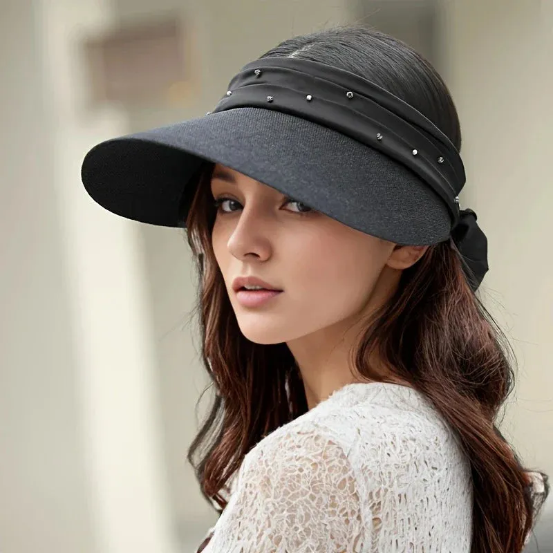 Stylish Bowknot Washi Visor with Rhinestone Detail Wide Brim Sun Hat