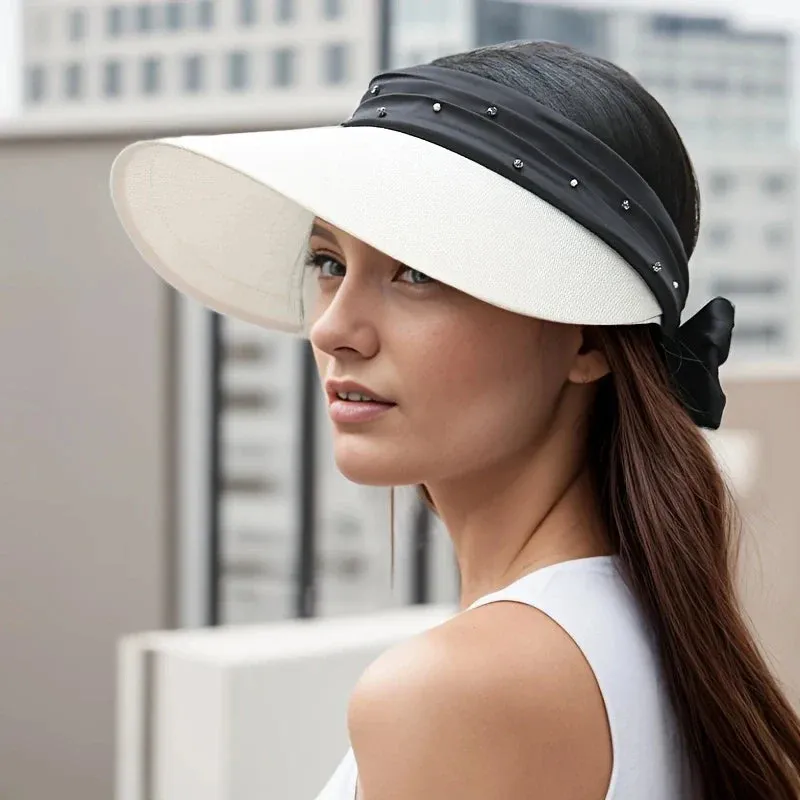 Stylish Bowknot Washi Visor with Rhinestone Detail Wide Brim Sun Hat