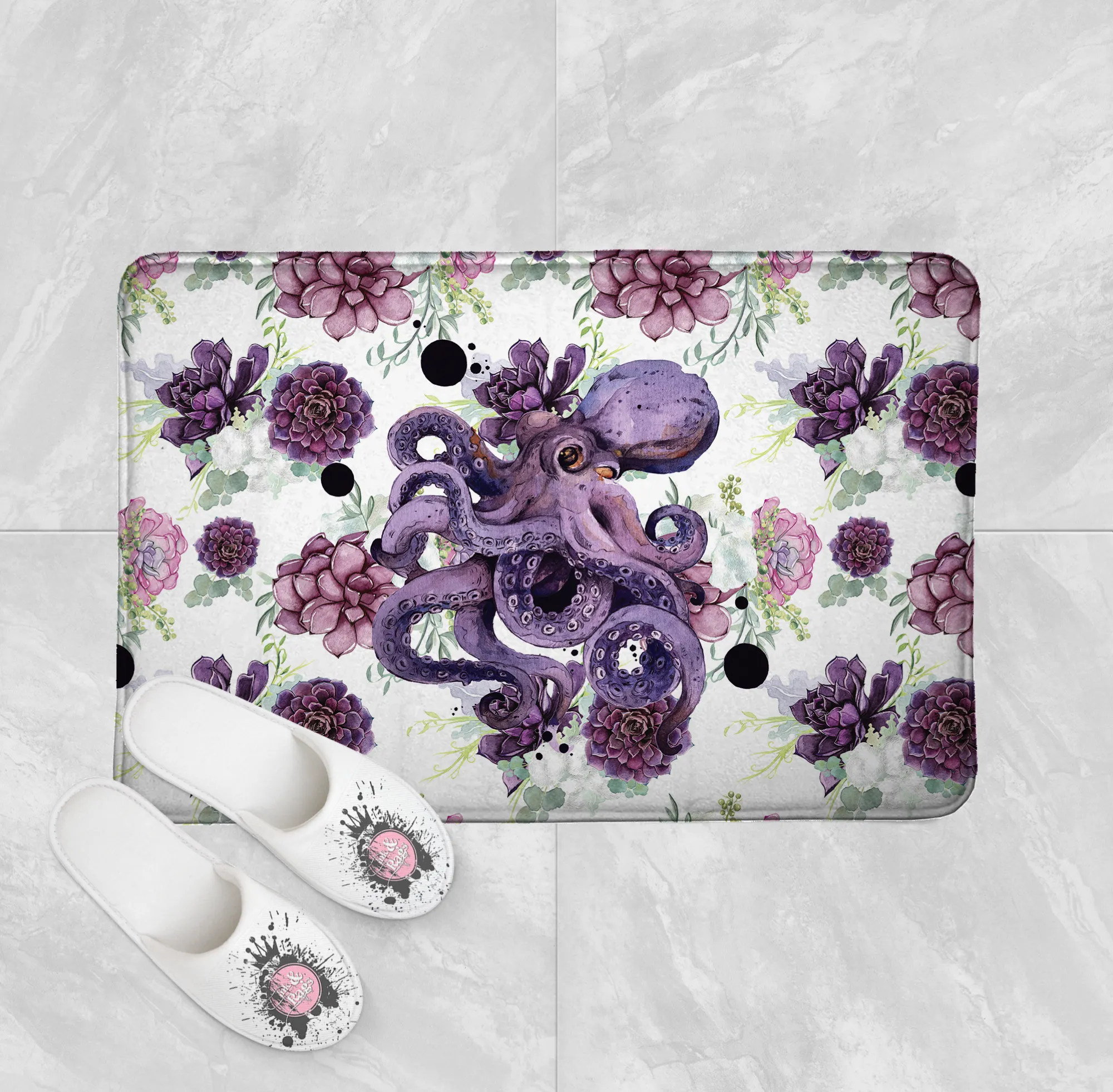 Succulent Octopus Ink Shower Curtains and Optional Bath Mats