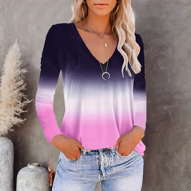 V-neck long-sleeved gradient women's T-shirt