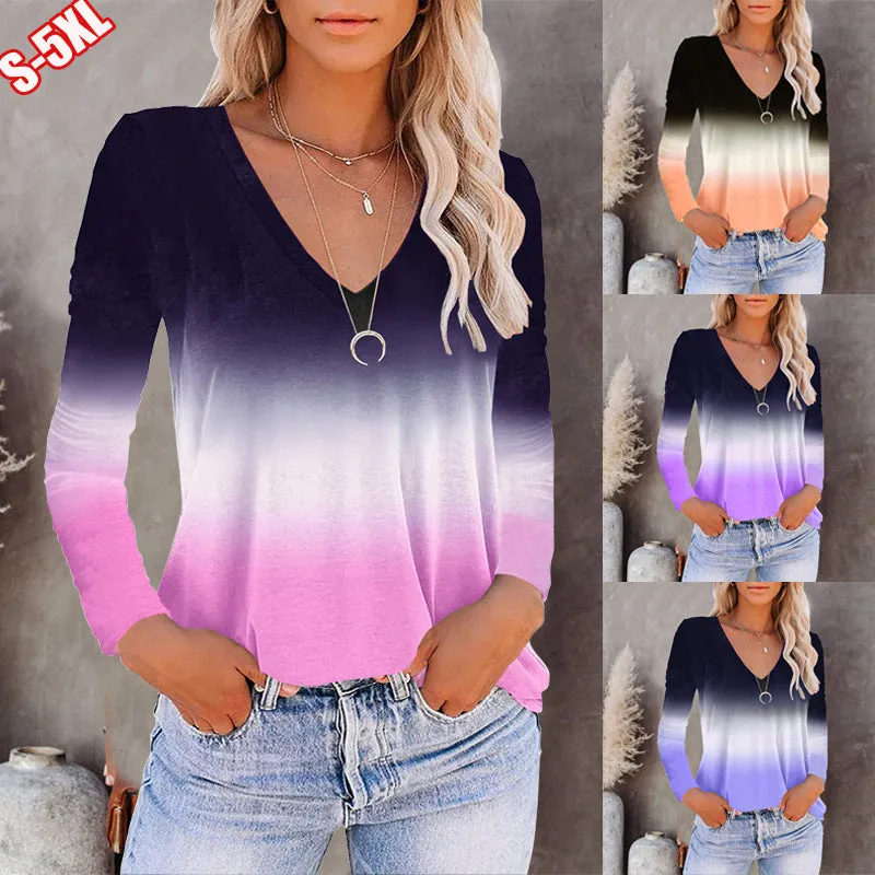 V-neck long-sleeved gradient women's T-shirt