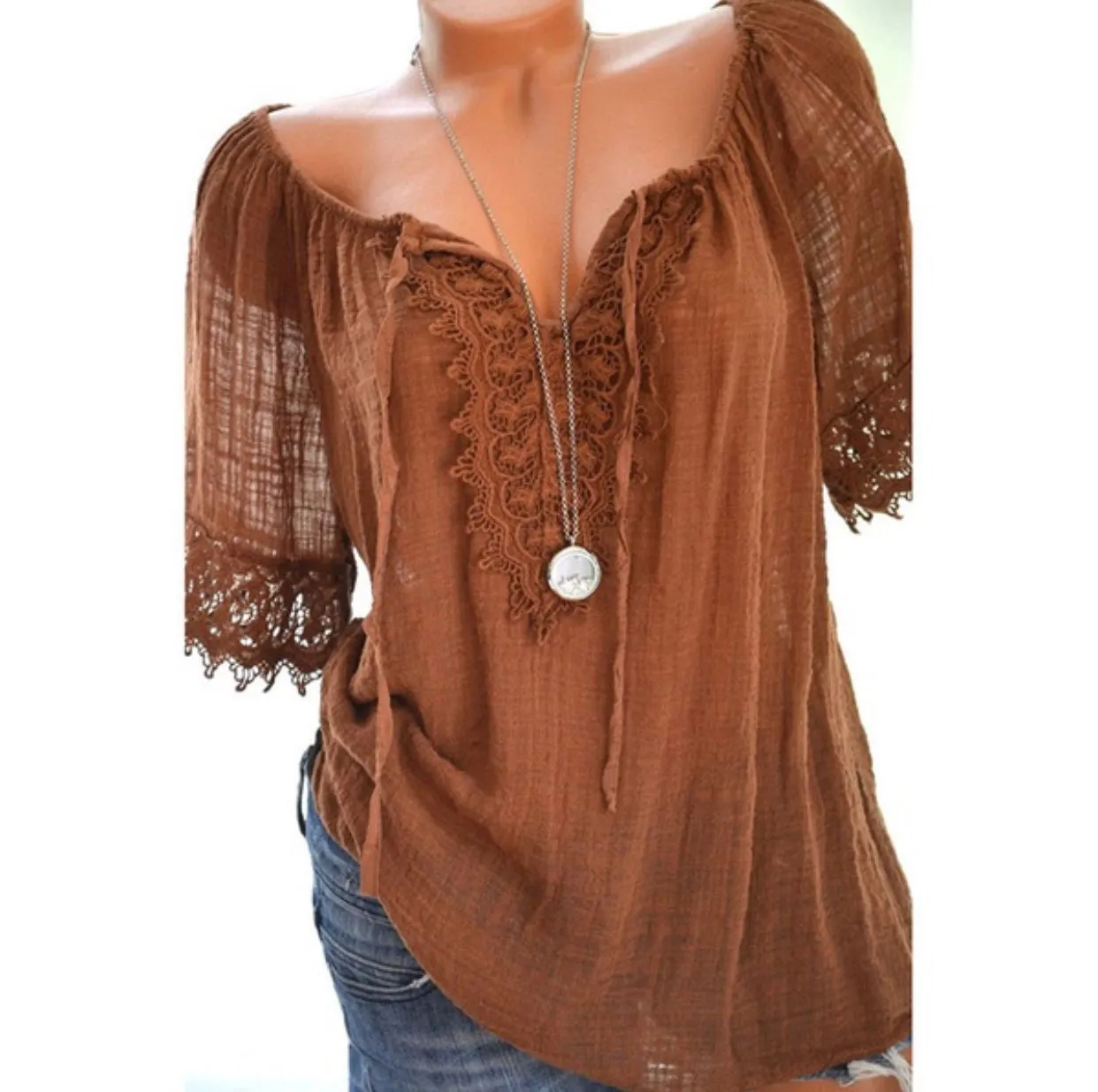 V-neck solid color lace stitching loose large size women's short-sleeved T-shirt