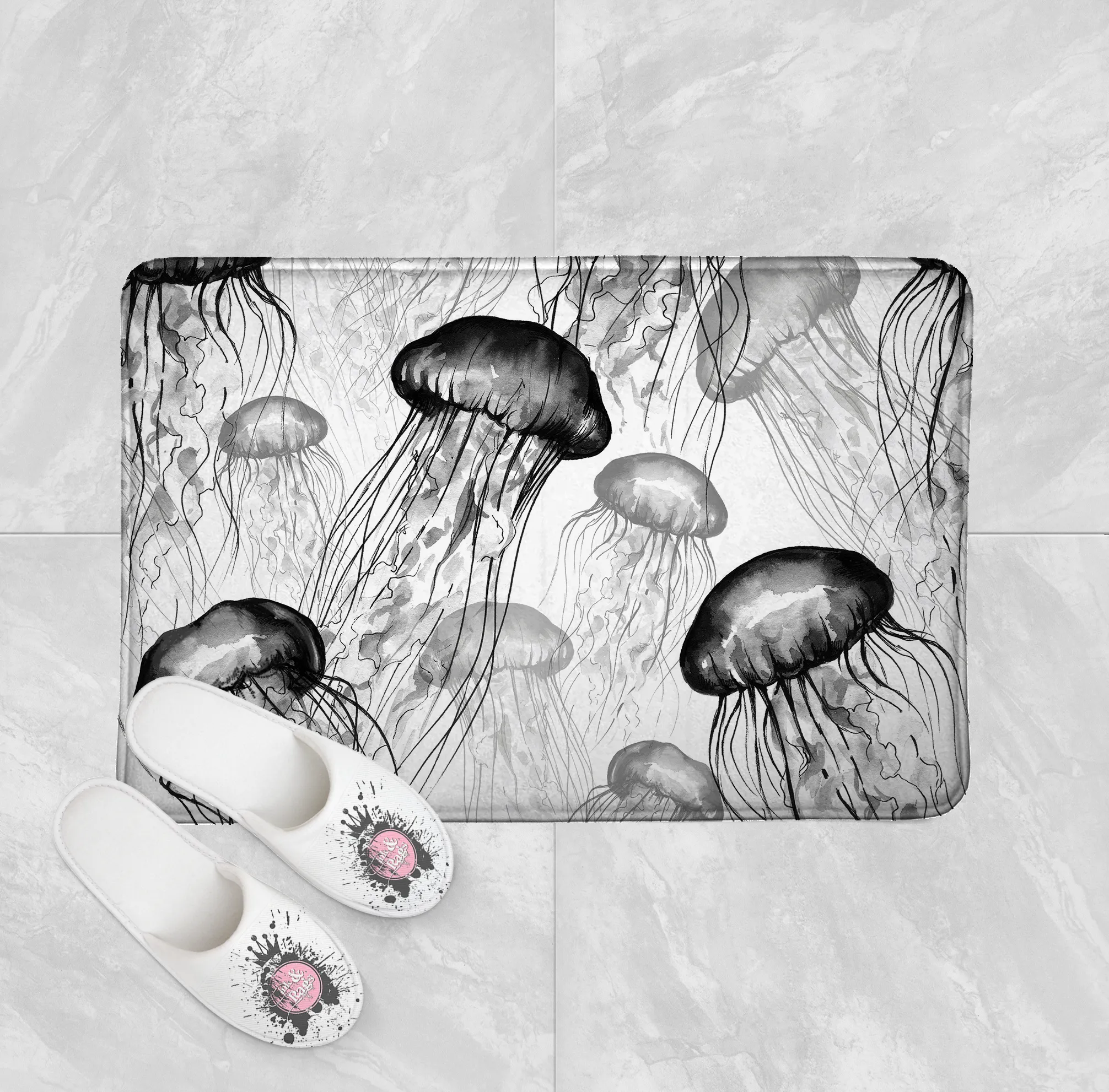 White and Black Jellyfish Shower Curtains and Optional Bath Mats