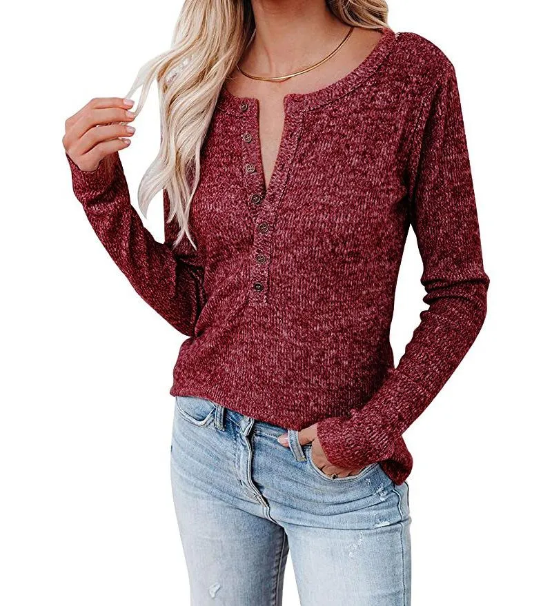 Women's chest button casual long-sleeved T-shirt