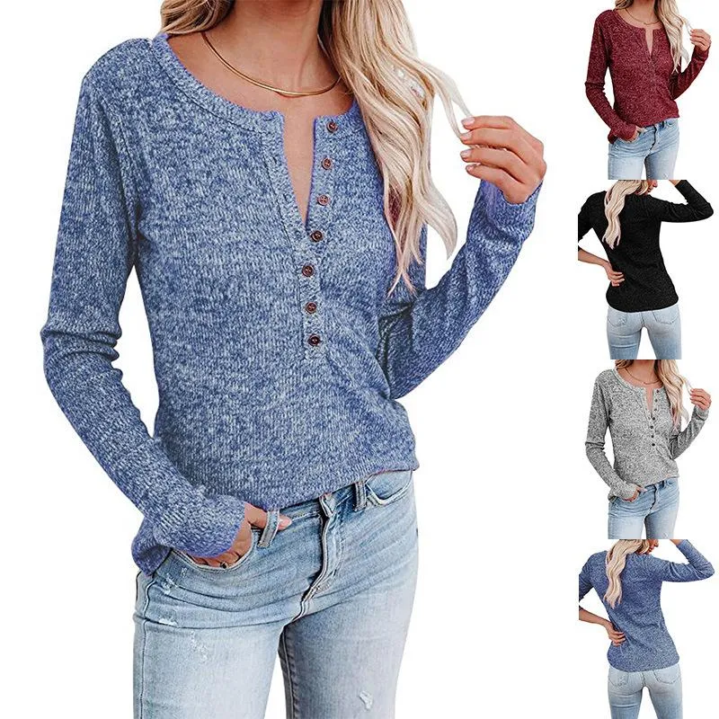 Women's chest button casual long-sleeved T-shirt